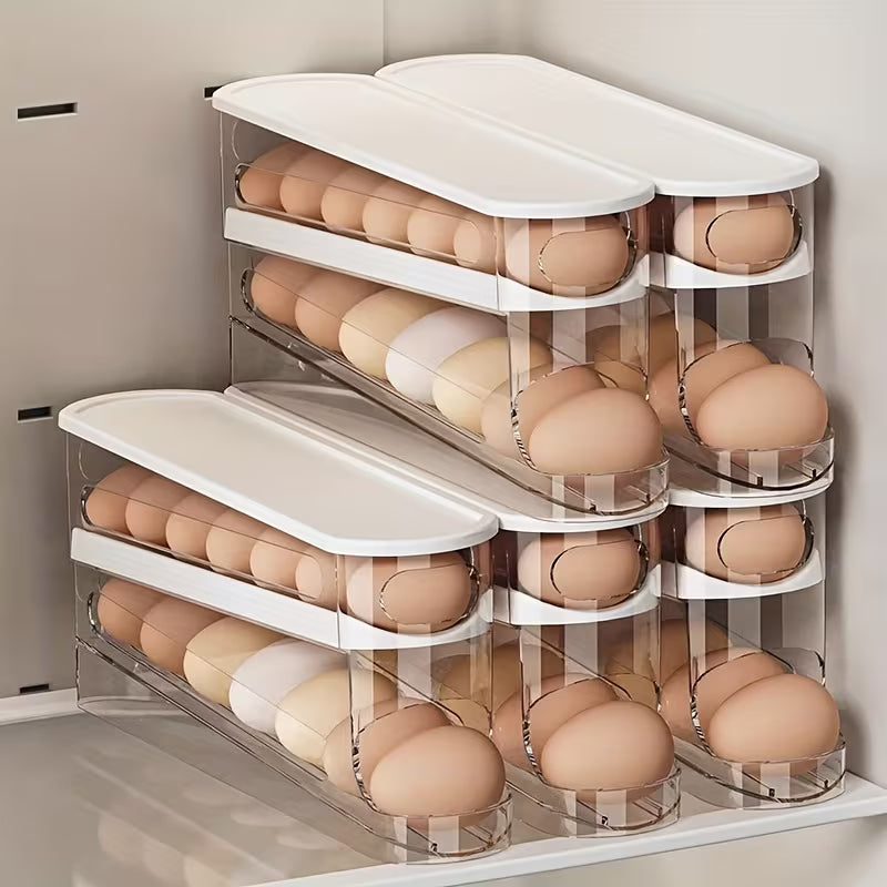 2-Layer Automatic Slide Egg Storage Box, Refrigerator Door Egg Storage Box, Can Hold 12-14 Eggs, Flip Design, Fresh-Keeping Egg Organizer, Essential Kitchen Storage Solution, Refrigerator Egg Rack That Saves Kitchen Space