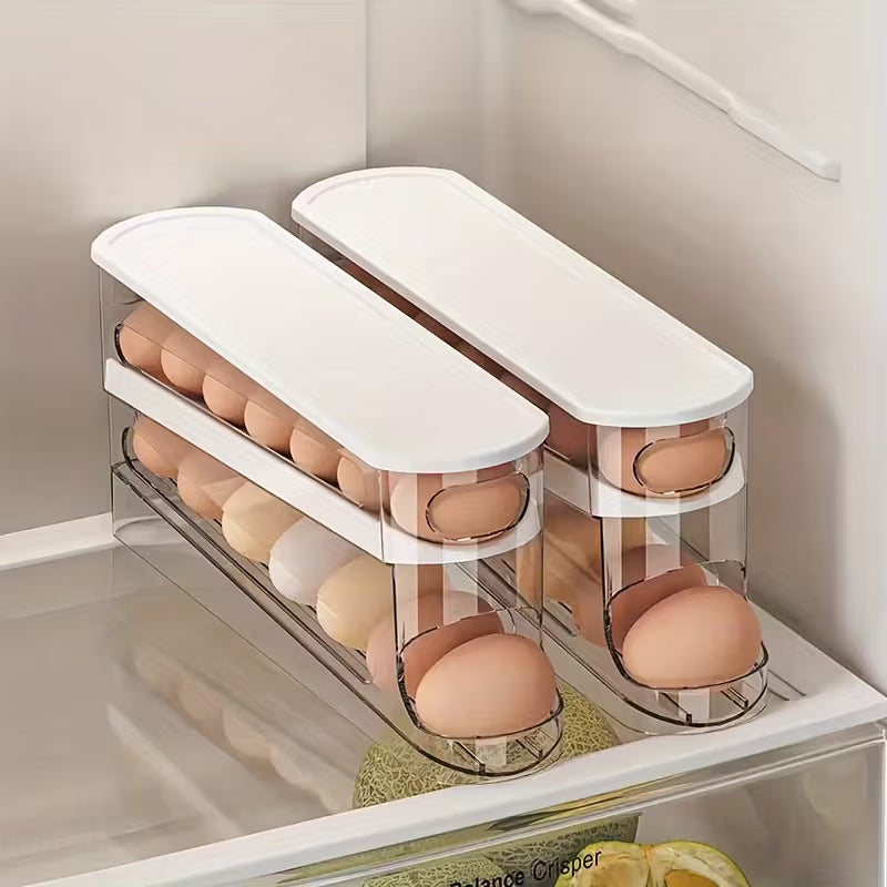 2-Layer Automatic Slide Egg Storage Box, Refrigerator Door Egg Storage Box, Can Hold 12-14 Eggs, Flip Design, Fresh-Keeping Egg Organizer, Essential Kitchen Storage Solution, Refrigerator Egg Rack That Saves Kitchen Space
