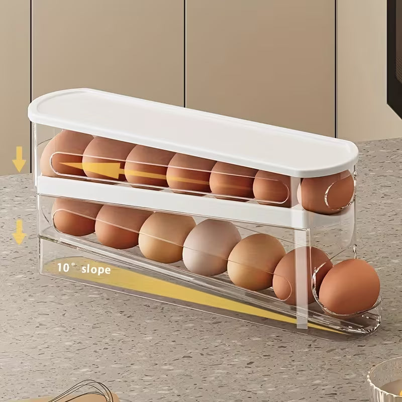 2-Layer Automatic Slide Egg Storage Box, Refrigerator Door Egg Storage Box, Can Hold 12-14 Eggs, Flip Design, Fresh-Keeping Egg Organizer, Essential Kitchen Storage Solution, Refrigerator Egg Rack That Saves Kitchen Space